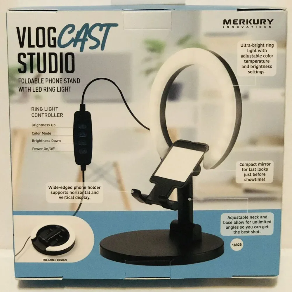 Merkury Vlog Cast Studio Kit Foldable Phone Stand 6” LED Ring Light NIP